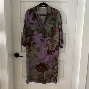 Floral Purple Button-Up Shirt Dress xs Dries Van Noten
